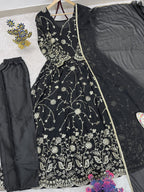 Inara Faux Georgette Embroidered Anarkali Gown Set with Micro Pants and Lace Dupatta
