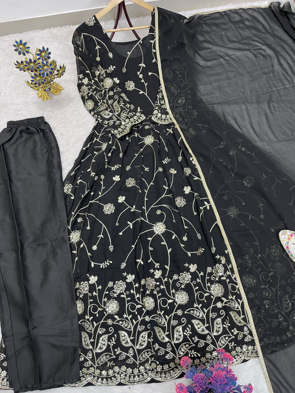 Inara Faux Georgette Embroidered Anarkali Gown Set with Micro Pants and Lace Dupatta