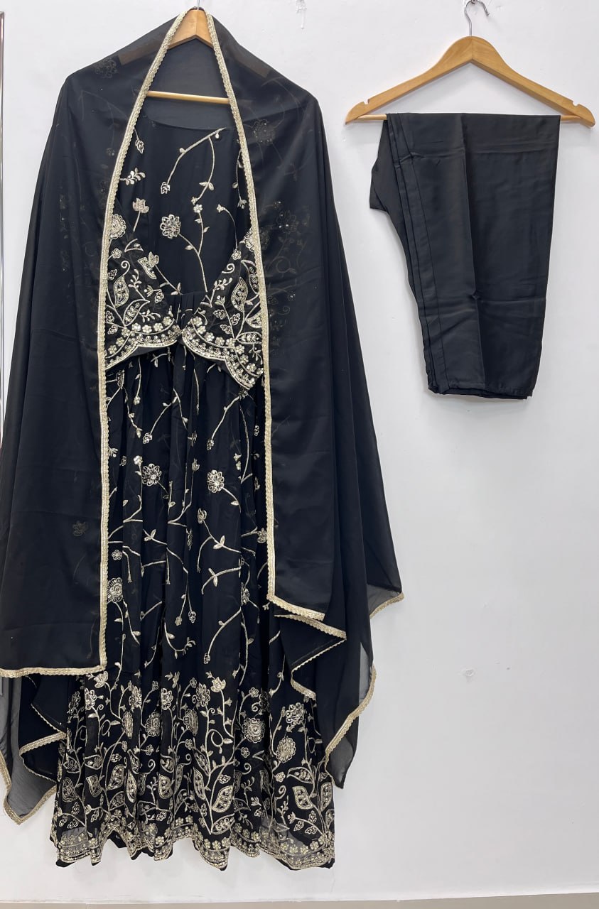 Inara Faux Georgette Embroidered Anarkali Gown Set with Micro Pants and Lace Dupatta