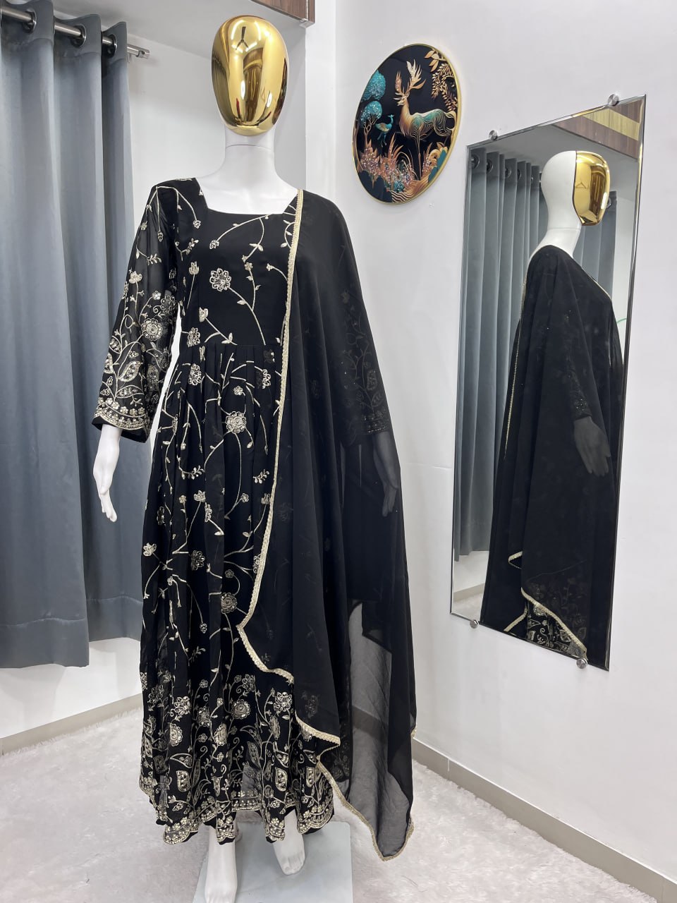 Inara Faux Georgette Embroidered Anarkali Gown Set with Micro Pants and Lace Dupatta