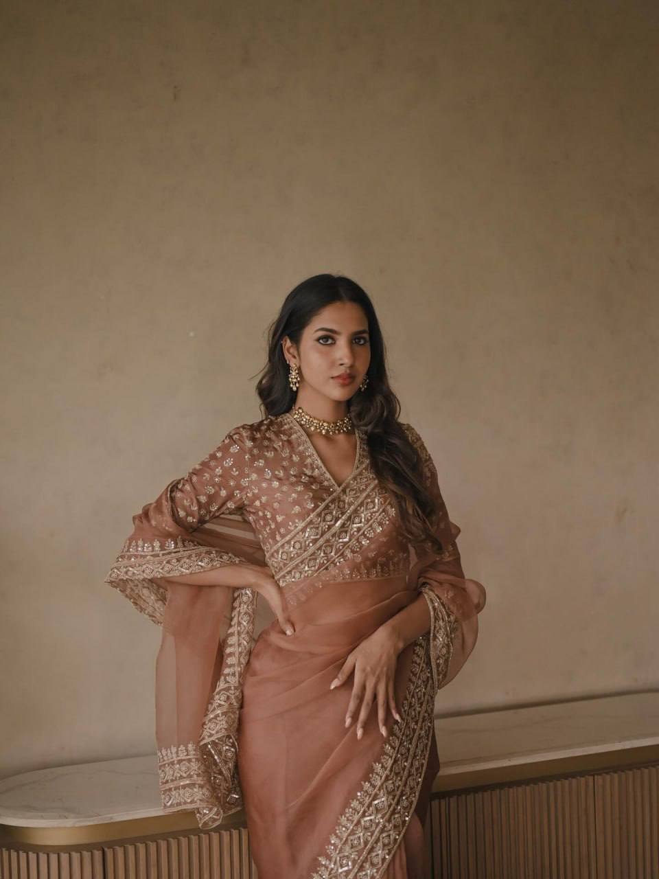 Saanjh Elora Tibby Silk Thread & Sequence Embroidered Designer Saree with Dual-Side Work Blouse
