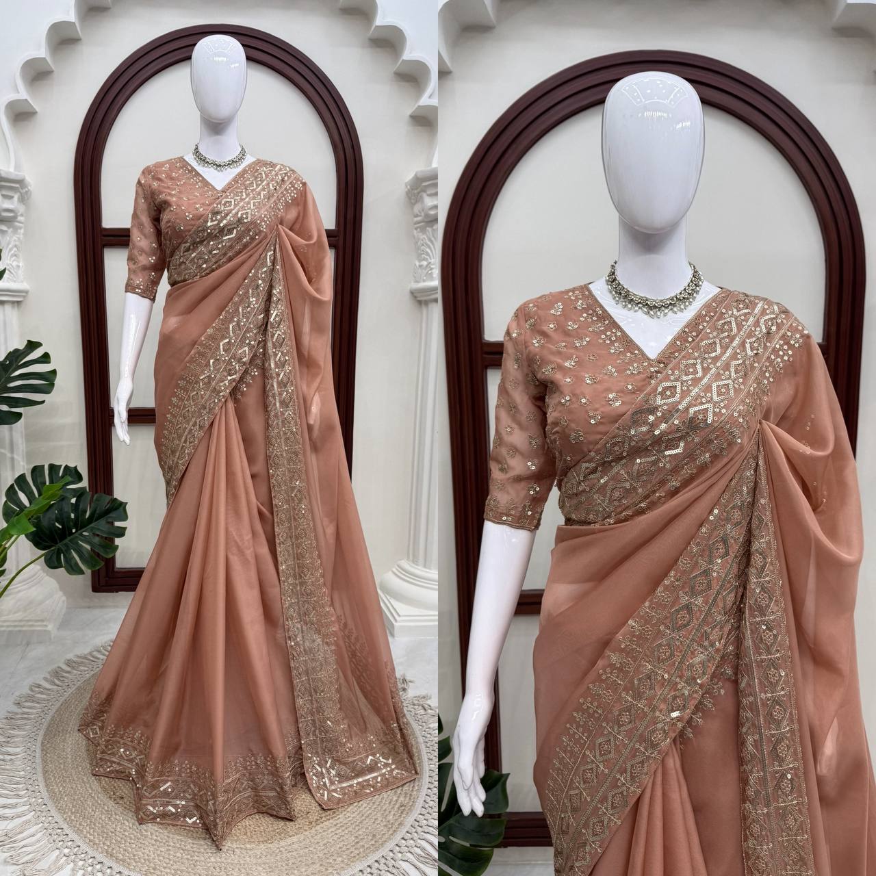 Saanjh Elora Tibby Silk Thread & Sequence Embroidered Designer Saree with Dual-Side Work Blouse