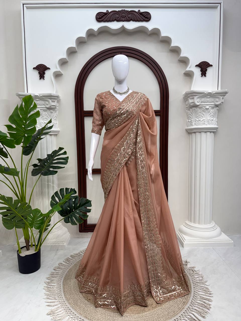 Saanjh Elora Tibby Silk Thread & Sequence Embroidered Designer Saree with Dual-Side Work Blouse