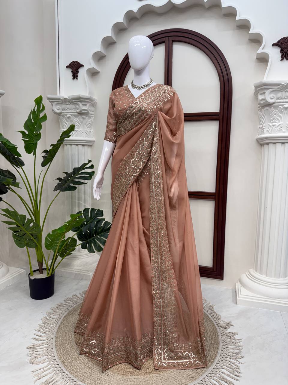 Saanjh Elora Tibby Silk Thread & Sequence Embroidered Designer Saree with Dual-Side Work Blouse