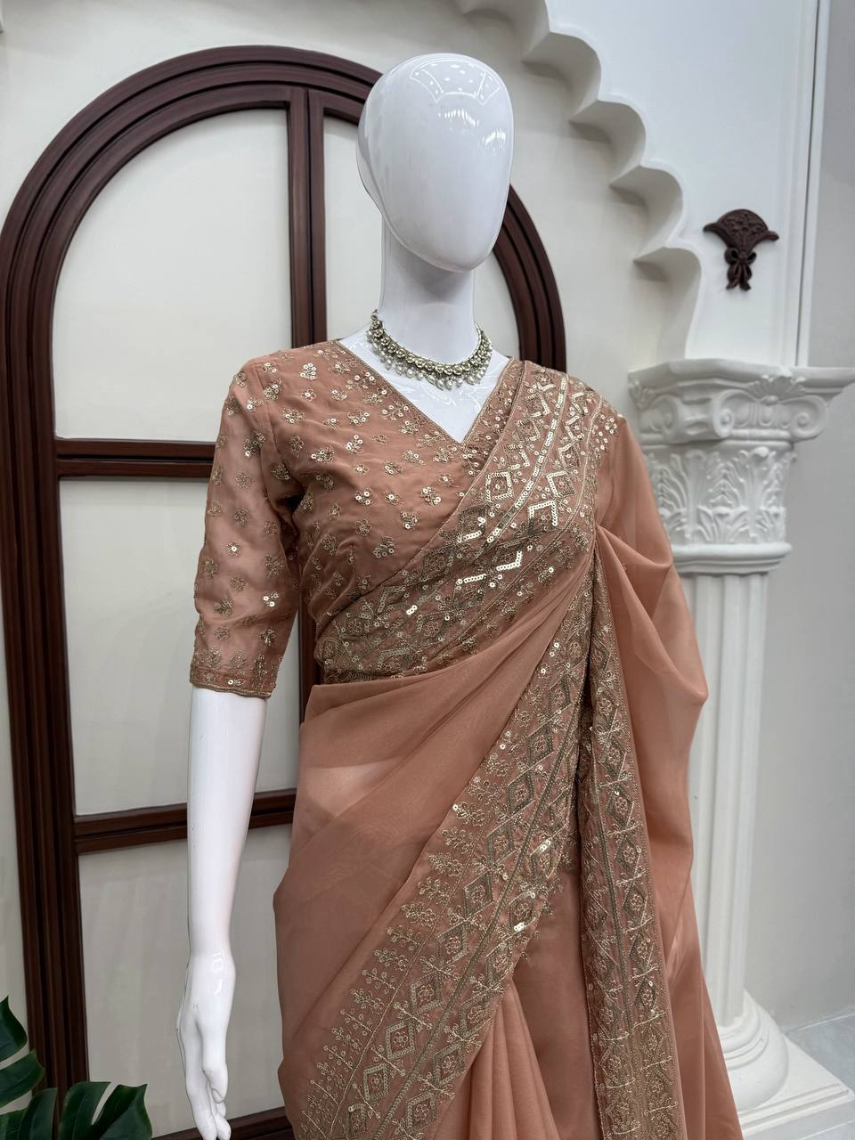 Saanjh Elora Tibby Silk Thread & Sequence Embroidered Designer Saree with Dual-Side Work Blouse