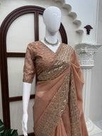 Saanjh Elora Tibby Silk Thread & Sequence Embroidered Designer Saree with Dual-Side Work Blouse
