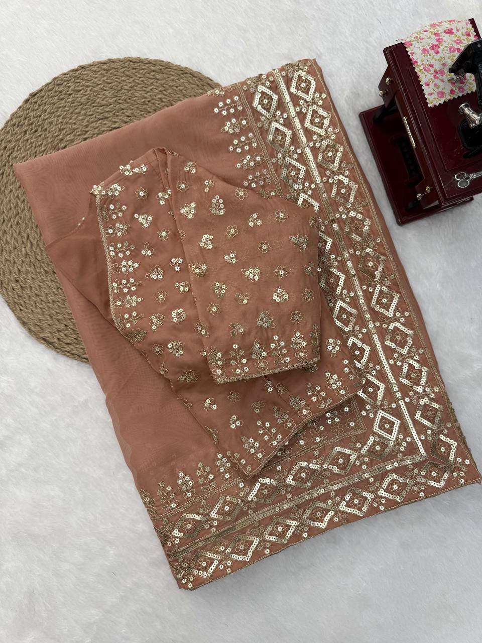 Saanjh Elora Tibby Silk Thread & Sequence Embroidered Designer Saree with Dual-Side Work Blouse