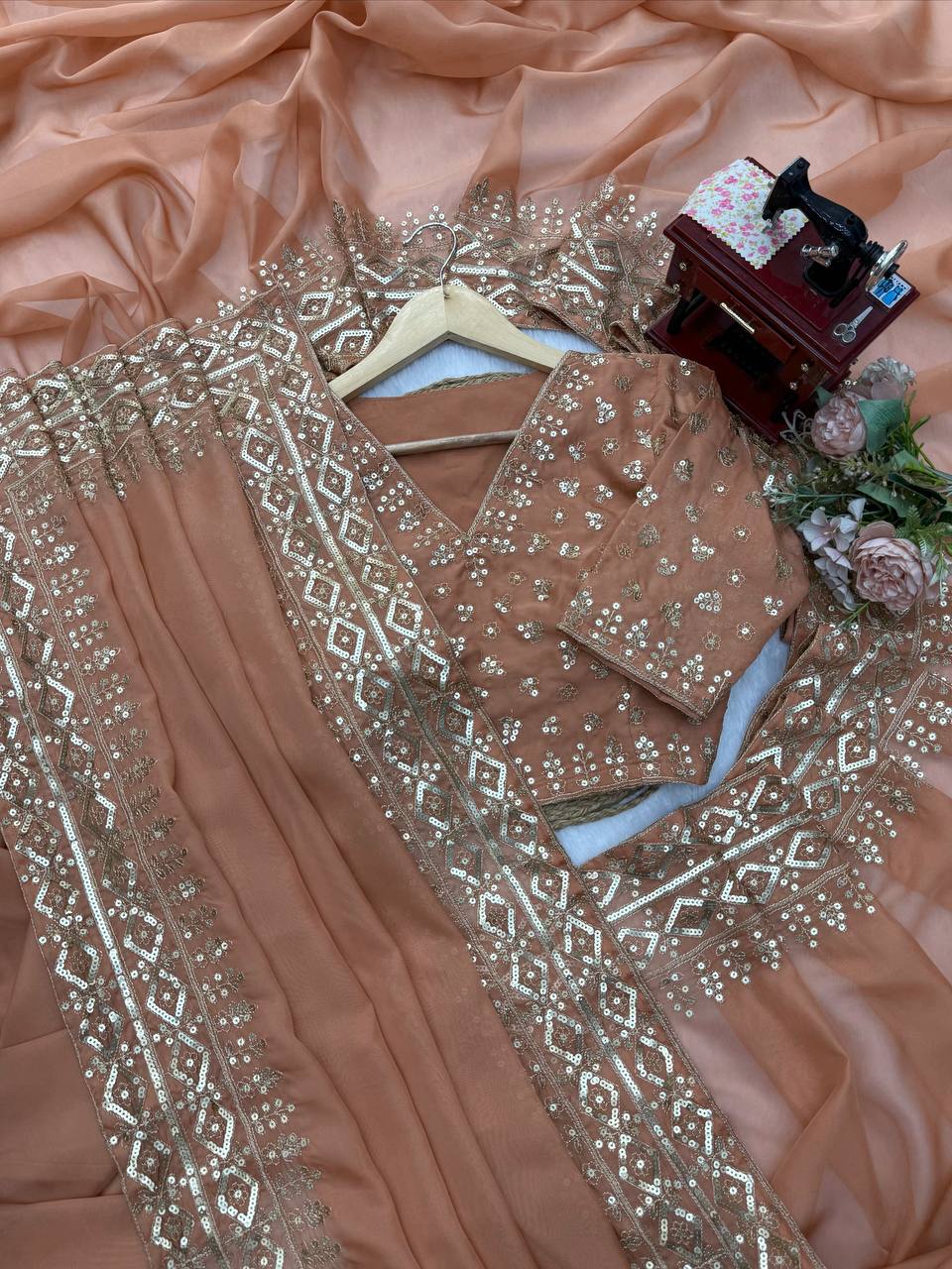 Saanjh Elora Tibby Silk Thread & Sequence Embroidered Designer Saree with Dual-Side Work Blouse