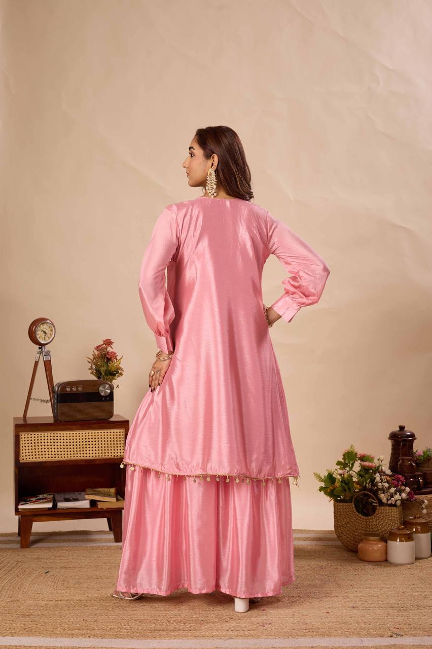Myra Pure Chinon Kurti Sarara Set with Sequin Embroidery, Tassel Yoke and Coin Lace Detailing