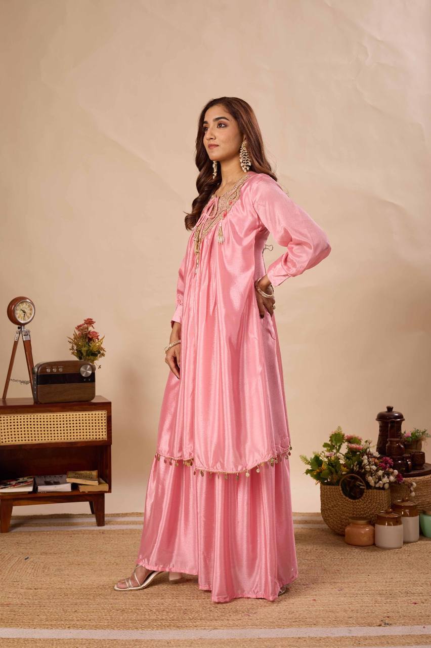 Myra Pure Chinon Kurti Sarara Set with Sequin Embroidery, Tassel Yoke and Coin Lace Detailing