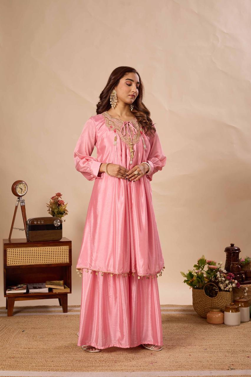 Myra Pure Chinon Kurti Sarara Set with Sequin Embroidery, Tassel Yoke and Coin Lace Detailing