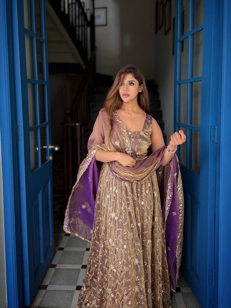 Noorzah Festive Designer Pure Fendy Silk Embroidered Anarkali Gown Suit Set