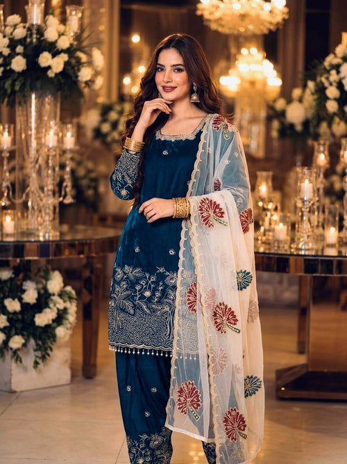 Anvitha Pure Fendi Silk Sequins Embroidered Farshi Palazzo with Organza Dupatta Set