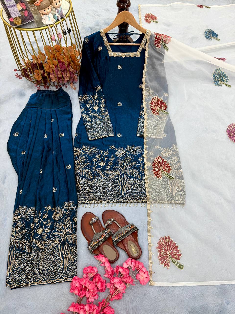 Anvitha Pure Fendi Silk Sequins Embroidered Farshi Palazzo with Organza Dupatta Set