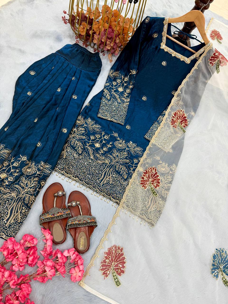 Anvitha Pure Fendi Silk Sequins Embroidered Farshi Palazzo with Organza Dupatta Set