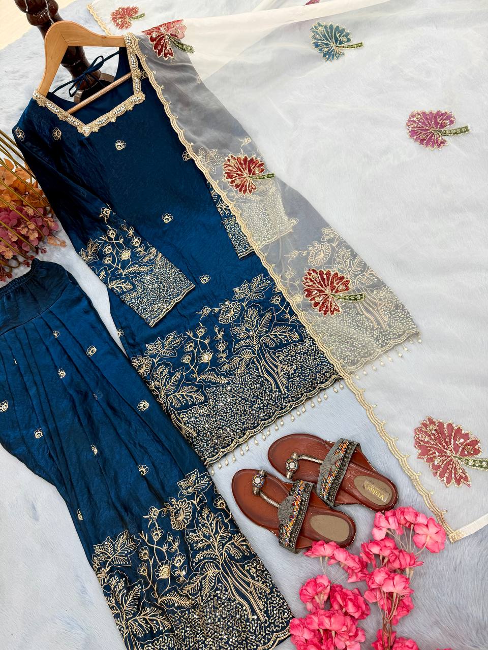 Anvitha Pure Fendi Silk Sequins Embroidered Farshi Palazzo with Organza Dupatta Set