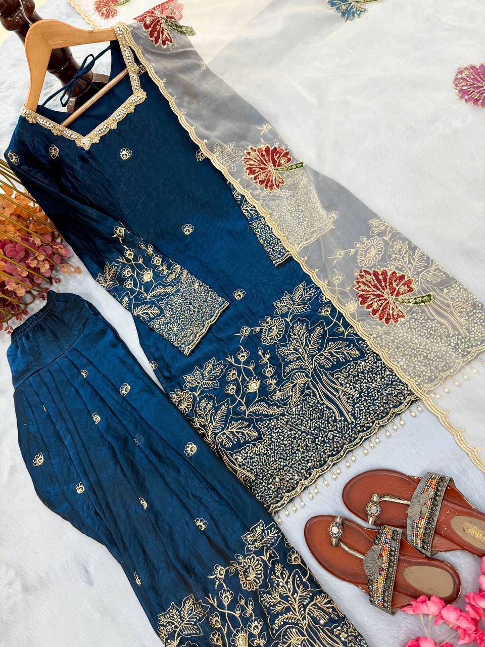 Anvitha Pure Fendi Silk Sequins Embroidered Farshi Palazzo with Organza Dupatta Set
