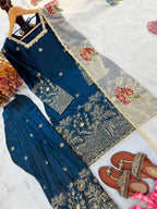 Anvitha Pure Fendi Silk Sequins Embroidered Farshi Palazzo with Organza Dupatta Set