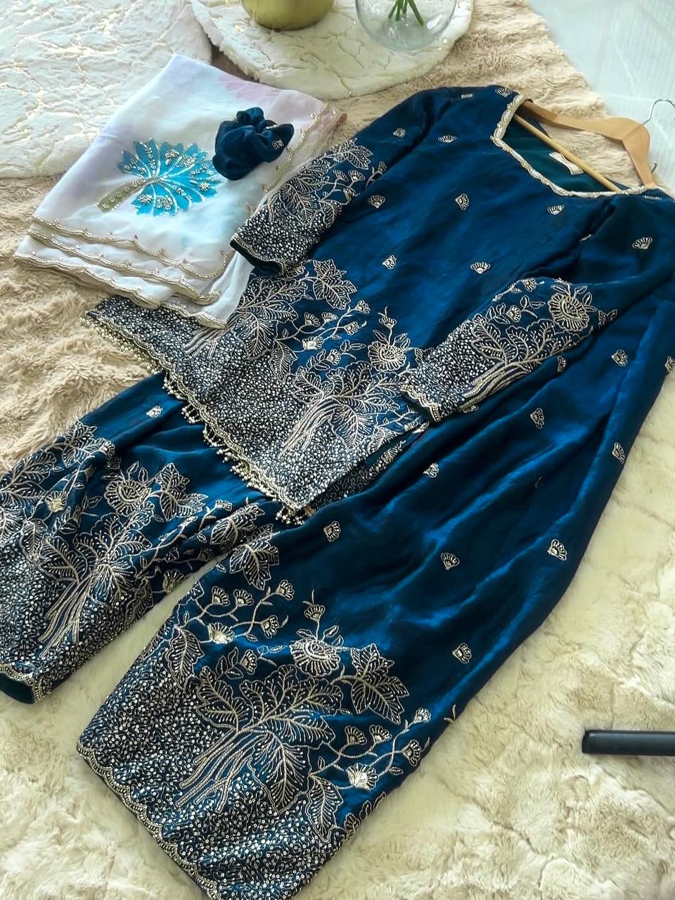 Anvitha Pure Fendi Silk Sequins Embroidered Farshi Palazzo with Organza Dupatta Set