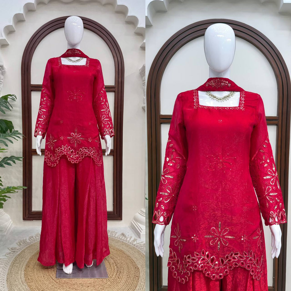 Raivika Fendy Silk Thread & Sequence Embroidered Kurti with Palazzo & Dupatta Set