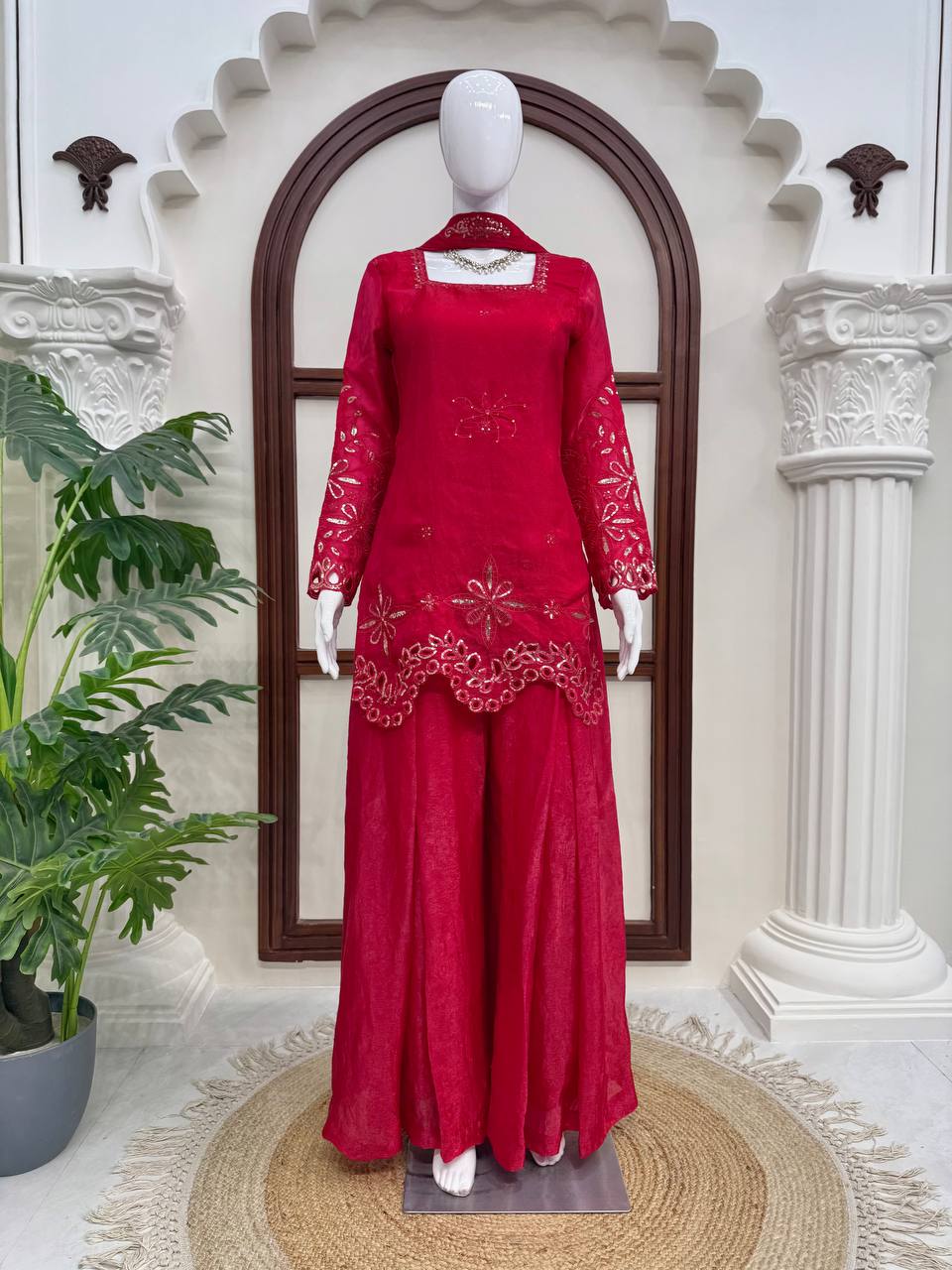 Raivika Fendy Silk Thread & Sequence Embroidered Kurti with Palazzo & Dupatta Set