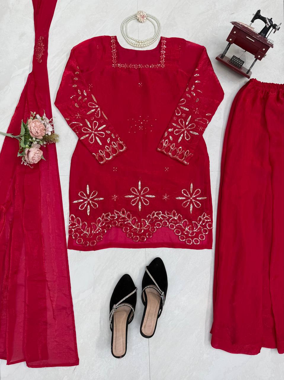 Raivika Fendy Silk Thread & Sequence Embroidered Kurti with Palazzo & Dupatta Set