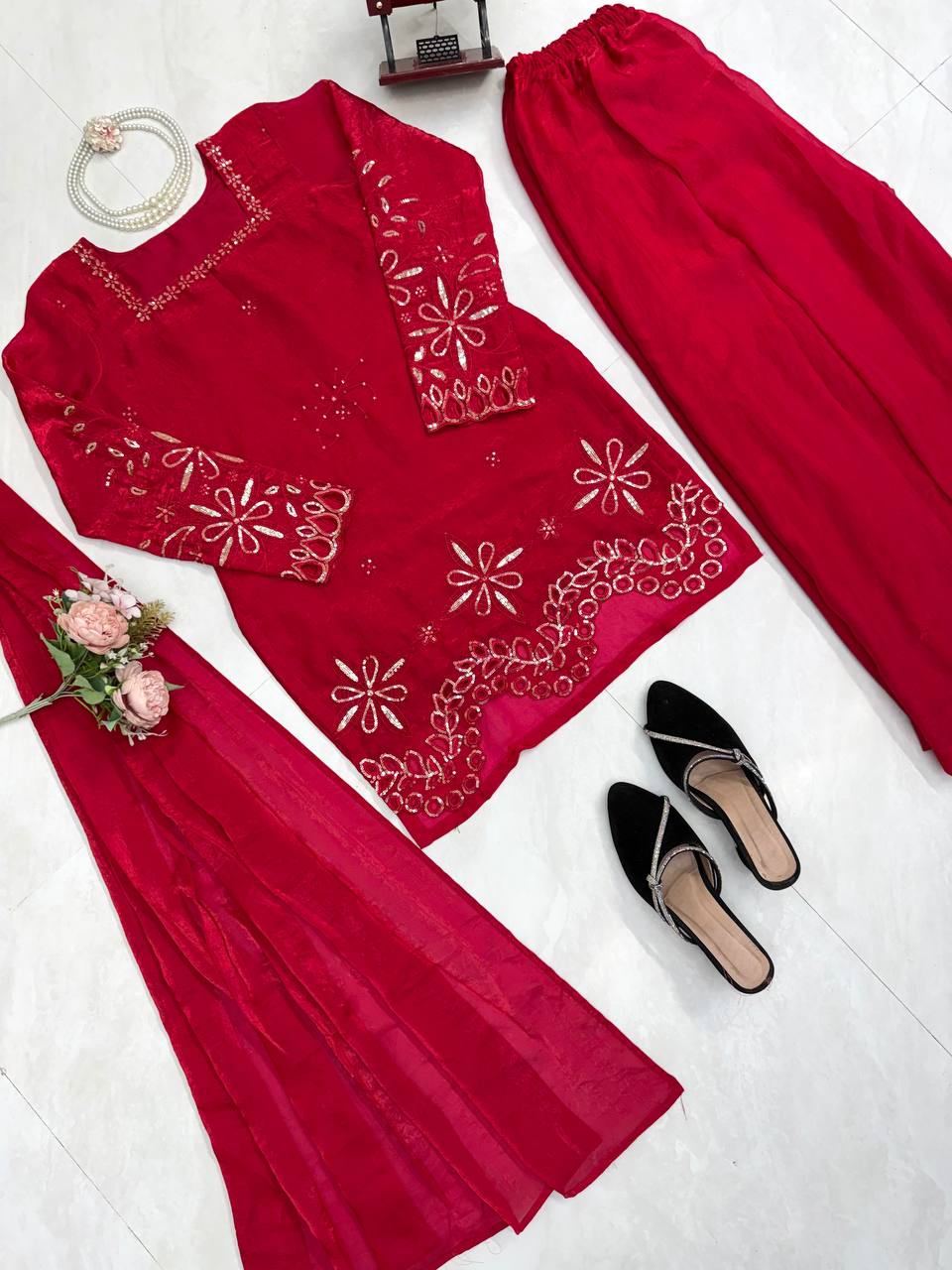 Raivika Fendy Silk Thread & Sequence Embroidered Kurti with Palazzo & Dupatta Set