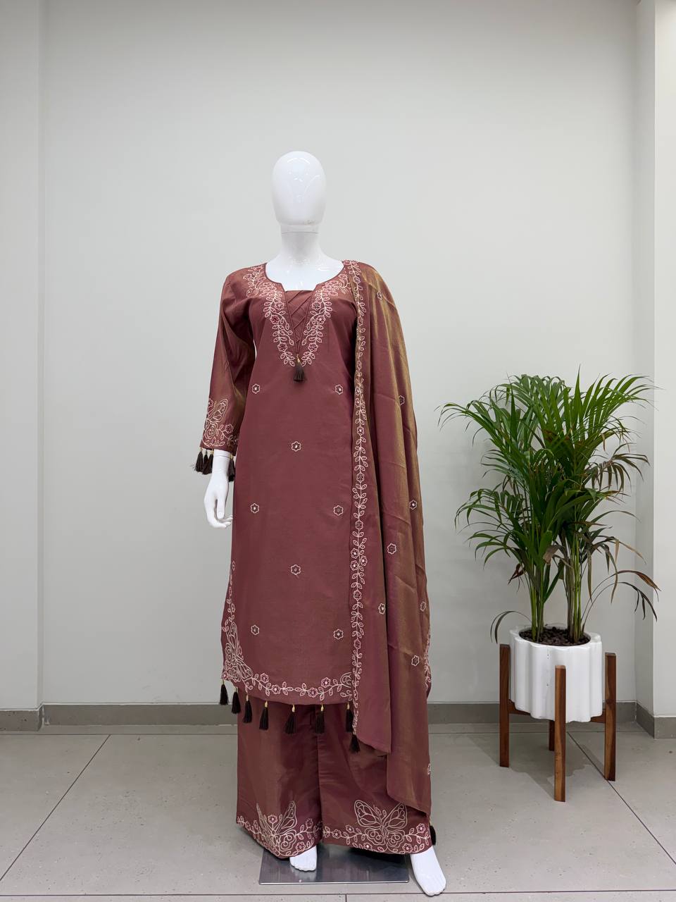 Kiara Leo Denting Mirror Work Suit Set with Embroidered Palazzo and Matching Dupatta