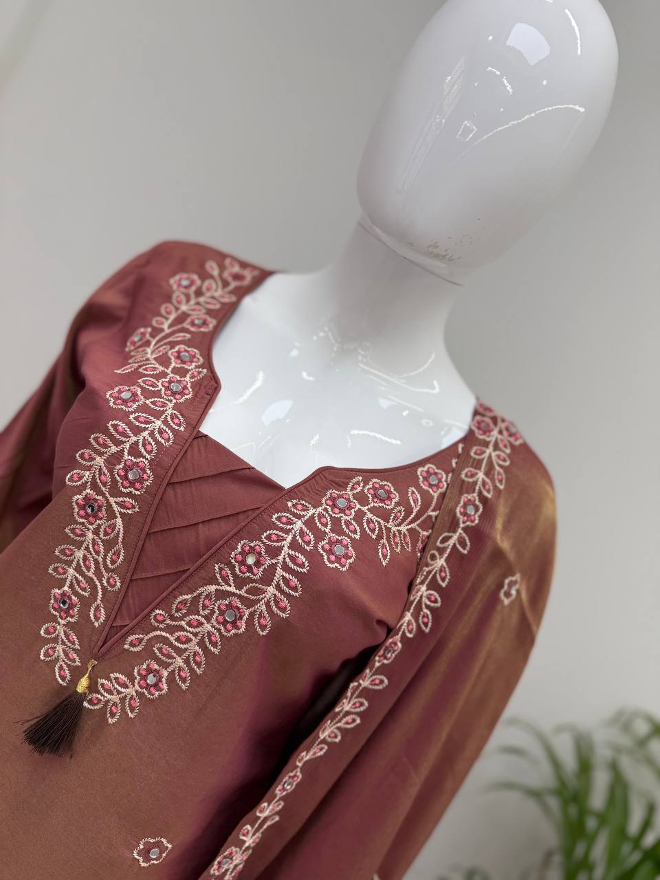 Kiara Leo Denting Mirror Work Suit Set with Embroidered Palazzo and Matching Dupatta