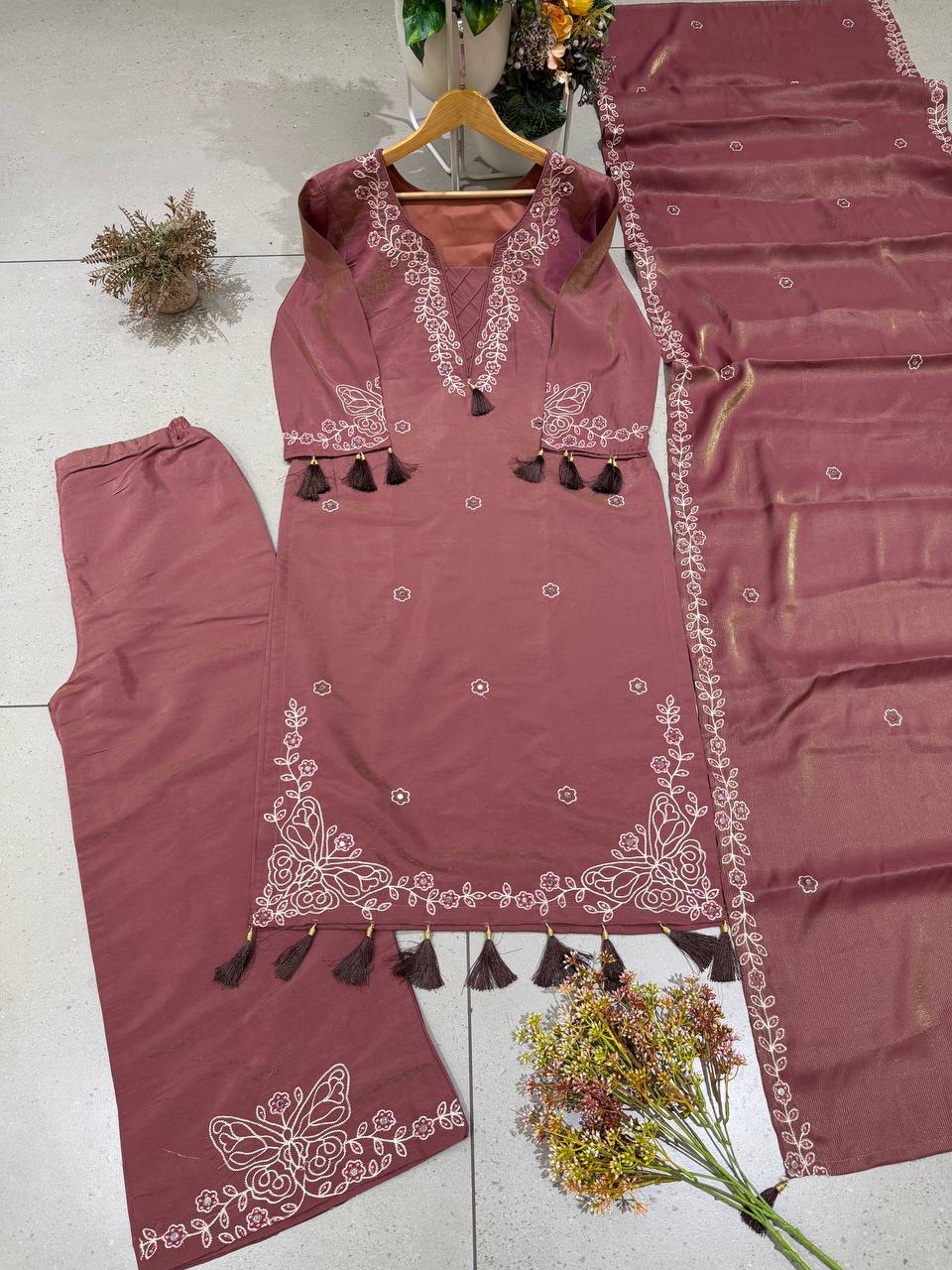 Kiara Leo Denting Mirror Work Suit Set with Embroidered Palazzo and Matching Dupatta