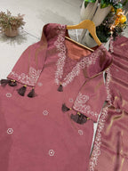 Kiara Leo Denting Mirror Work Suit Set with Embroidered Palazzo and Matching Dupatta