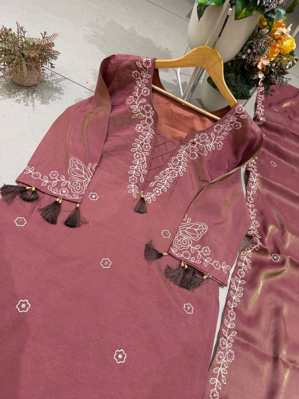 Kiara Leo Denting Mirror Work Suit Set with Embroidered Palazzo and Matching Dupatta