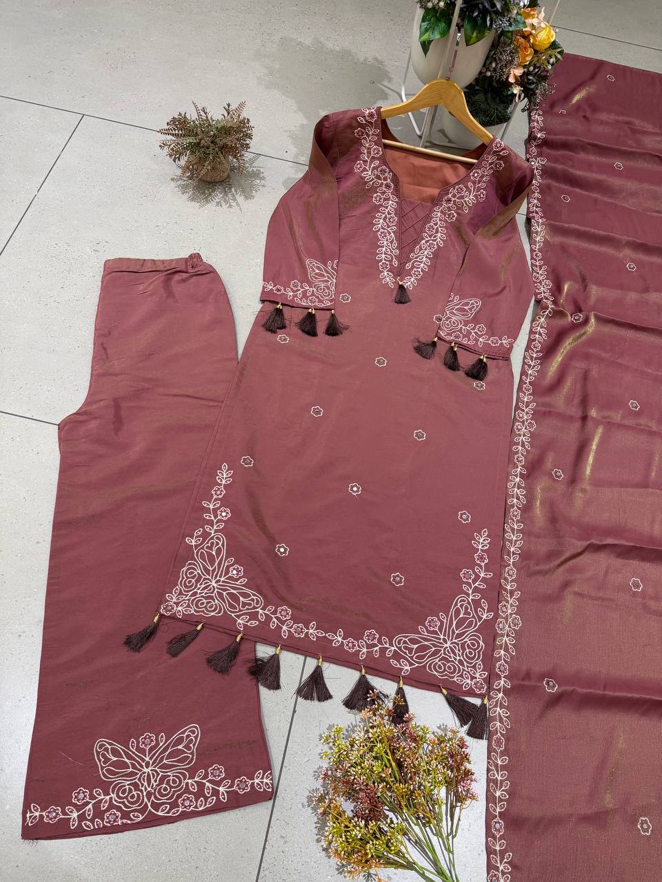 Kiara Leo Denting Mirror Work Suit Set with Embroidered Palazzo and Matching Dupatta