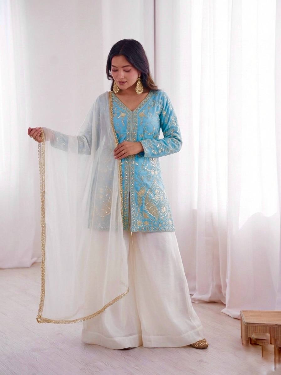 Luxury Fendy Silk Palazzo Set with Readymade Lace Border