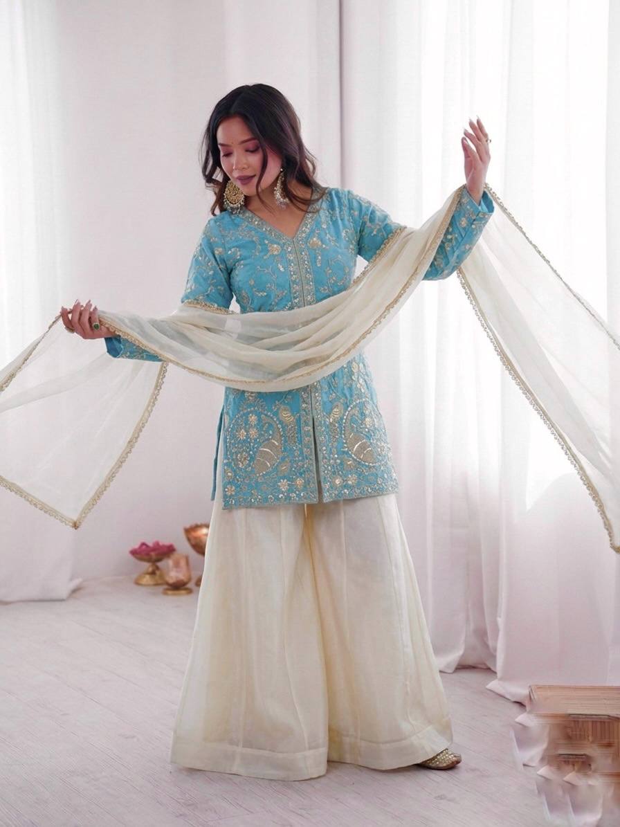 Luxury Fendy Silk Palazzo Set with Readymade Lace Border