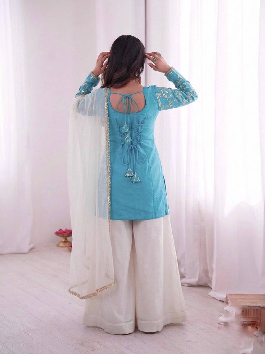 Luxury Fendy Silk Palazzo Set with Readymade Lace Border