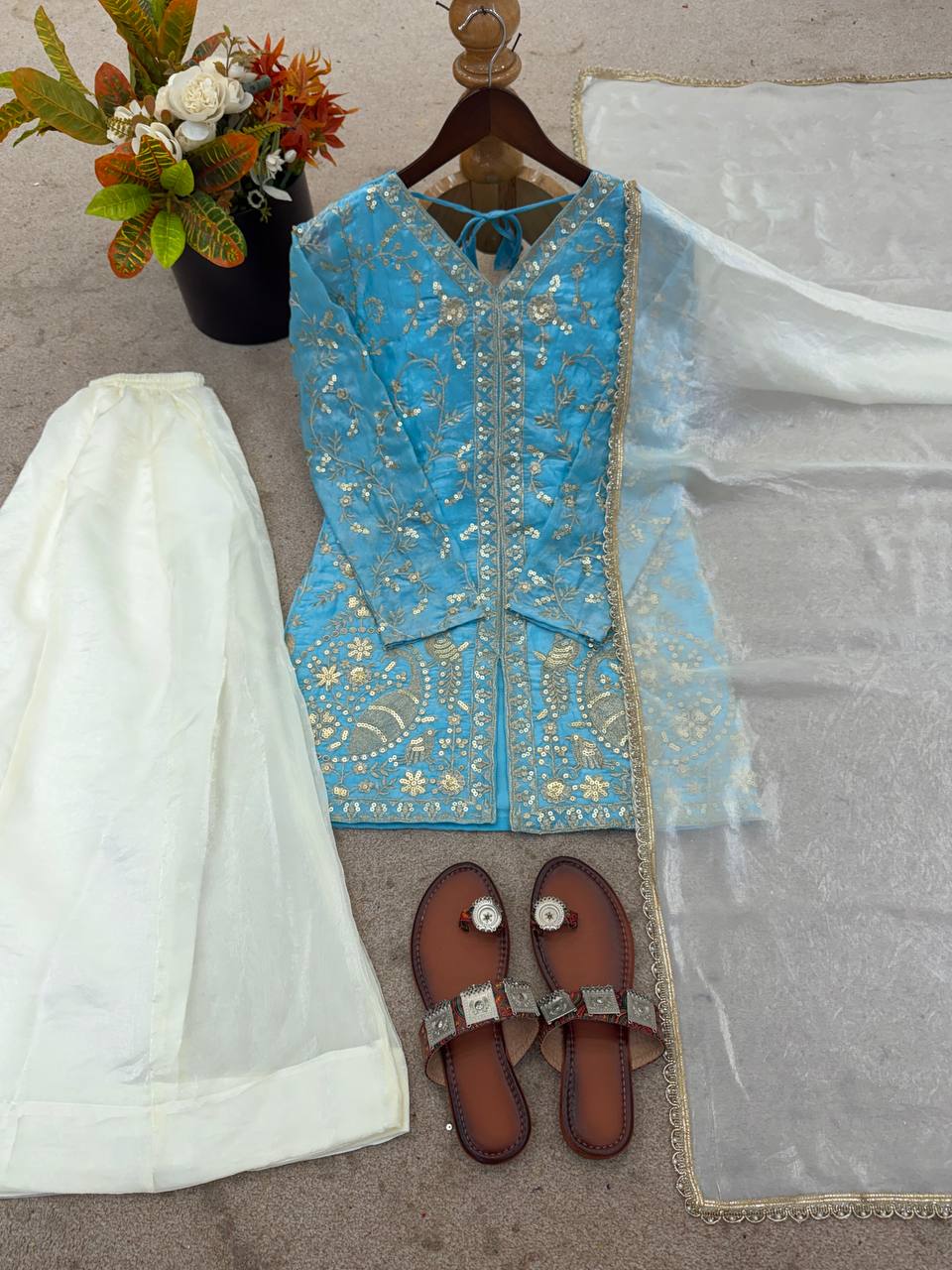 Luxury Fendy Silk Palazzo Set with Readymade Lace Border