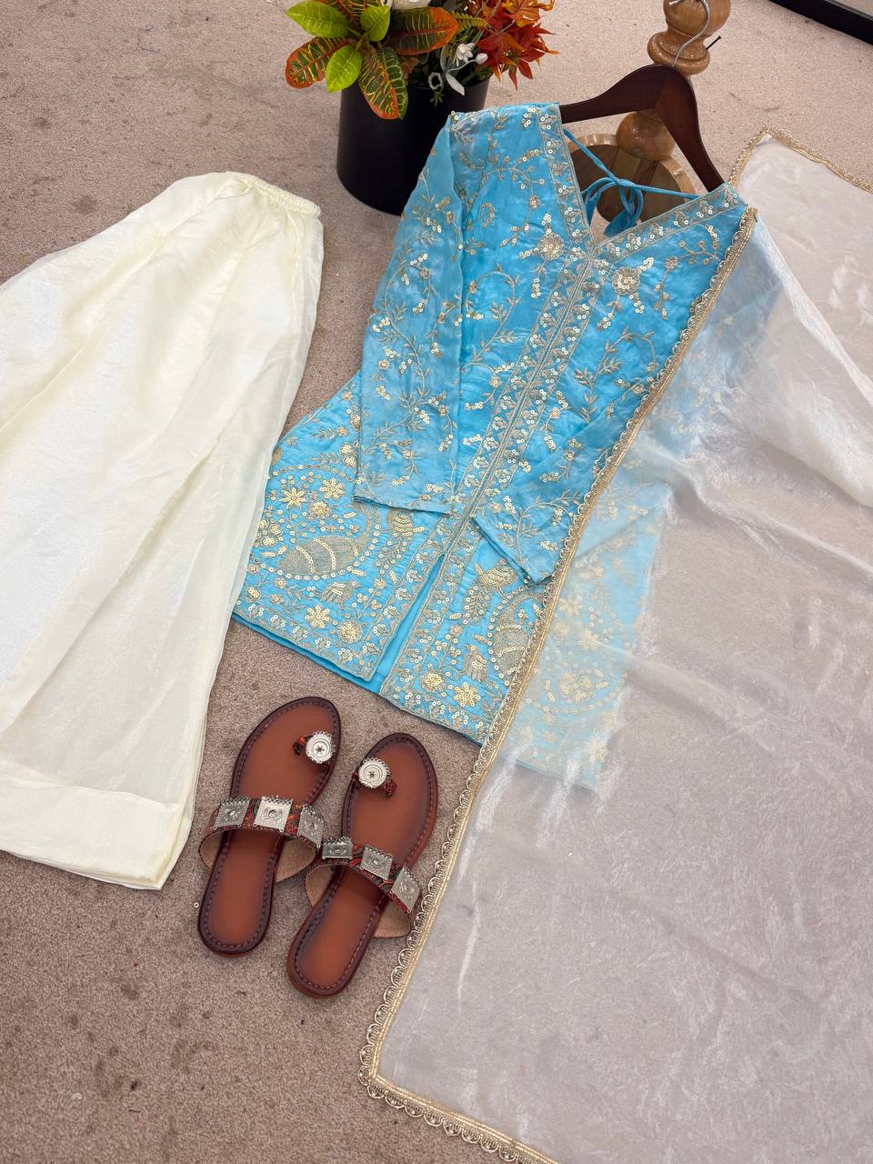 Luxury Fendy Silk Palazzo Set with Readymade Lace Border
