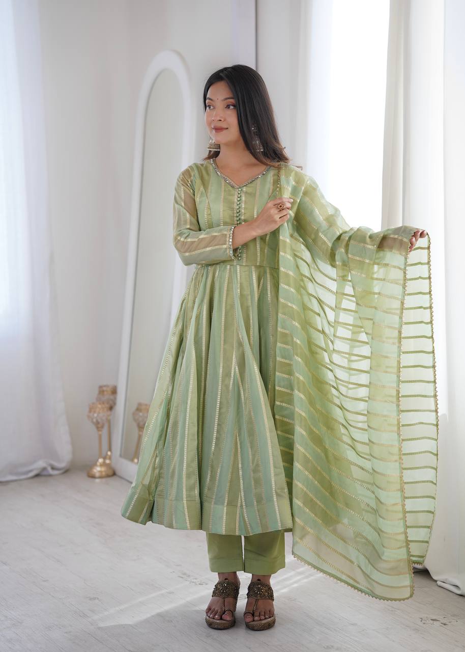 Royal Mirror Lace Viscose Jacquard Anarkali Gown Set with Matching Dupatta