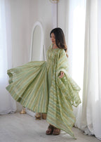 Royal Mirror Lace Viscose Jacquard Anarkali Gown Set with Matching Dupatta