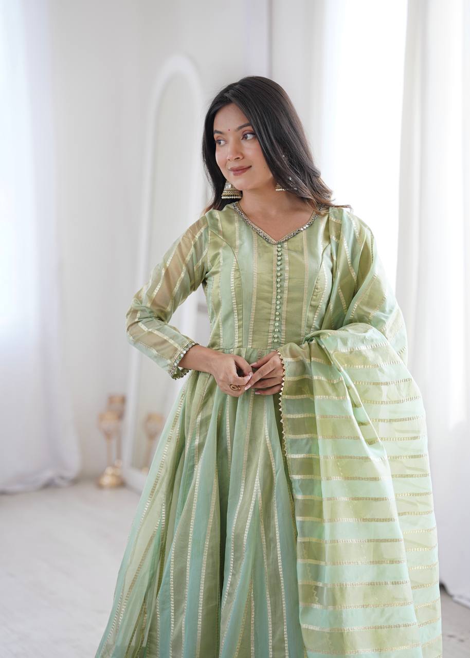 Royal Mirror Lace Viscose Jacquard Anarkali Gown Set with Matching Dupatta