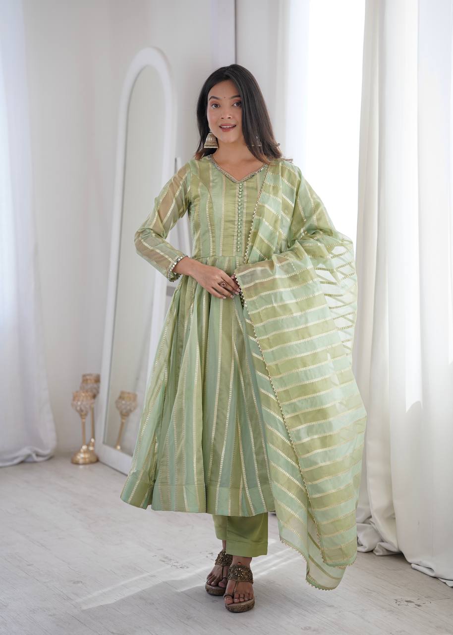 Royal Mirror Lace Viscose Jacquard Anarkali Gown Set with Matching Dupatta