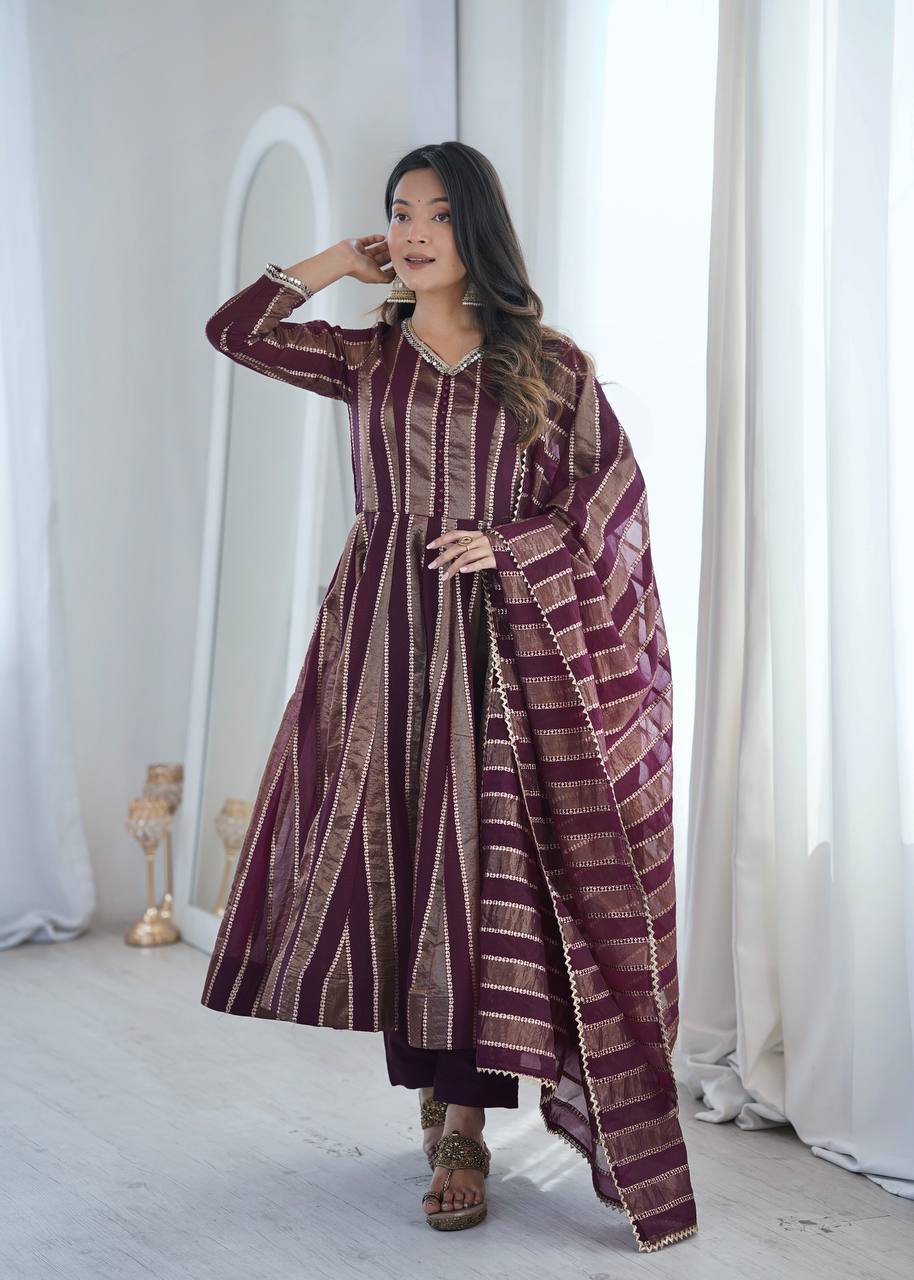Royal Mirror Lace Viscose Jacquard Anarkali Gown Set with Matching Dupatta