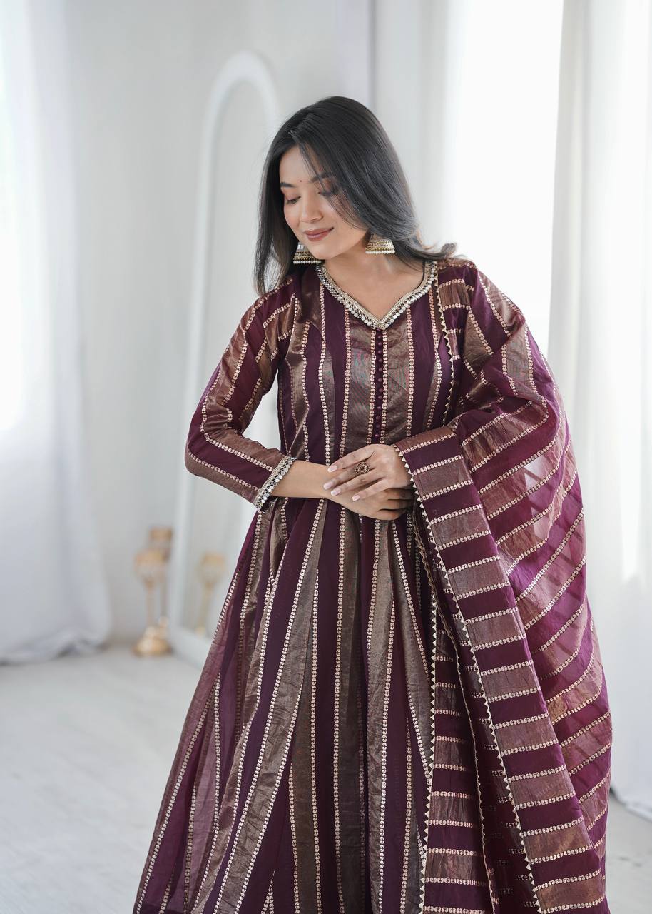 Royal Mirror Lace Viscose Jacquard Anarkali Gown Set with Matching Dupatta