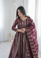 Royal Mirror Lace Viscose Jacquard Anarkali Gown Set with Matching Dupatta