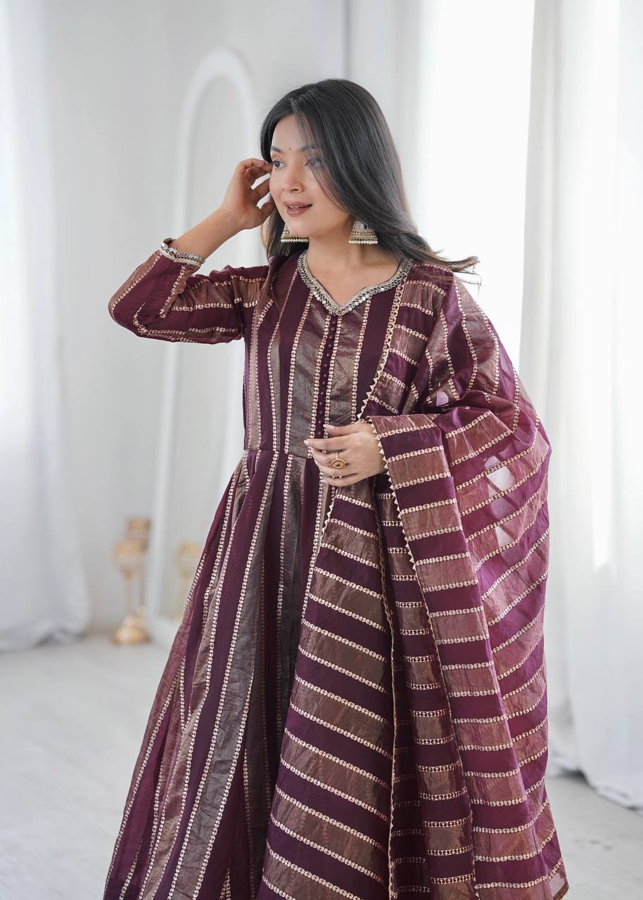 Royal Mirror Lace Viscose Jacquard Anarkali Gown Set with Matching Dupatta