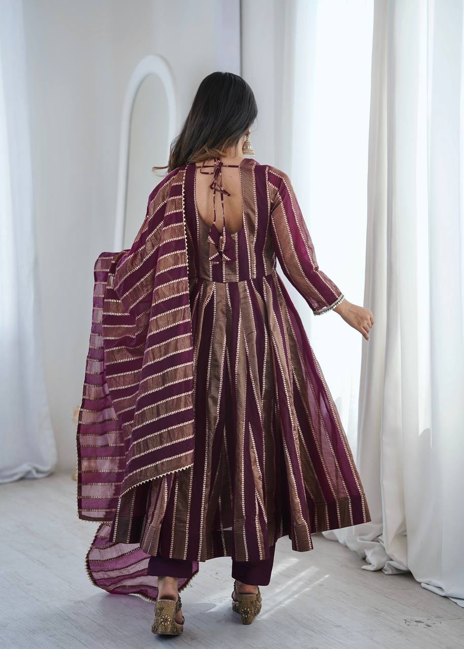 Royal Mirror Lace Viscose Jacquard Anarkali Gown Set with Matching Dupatta