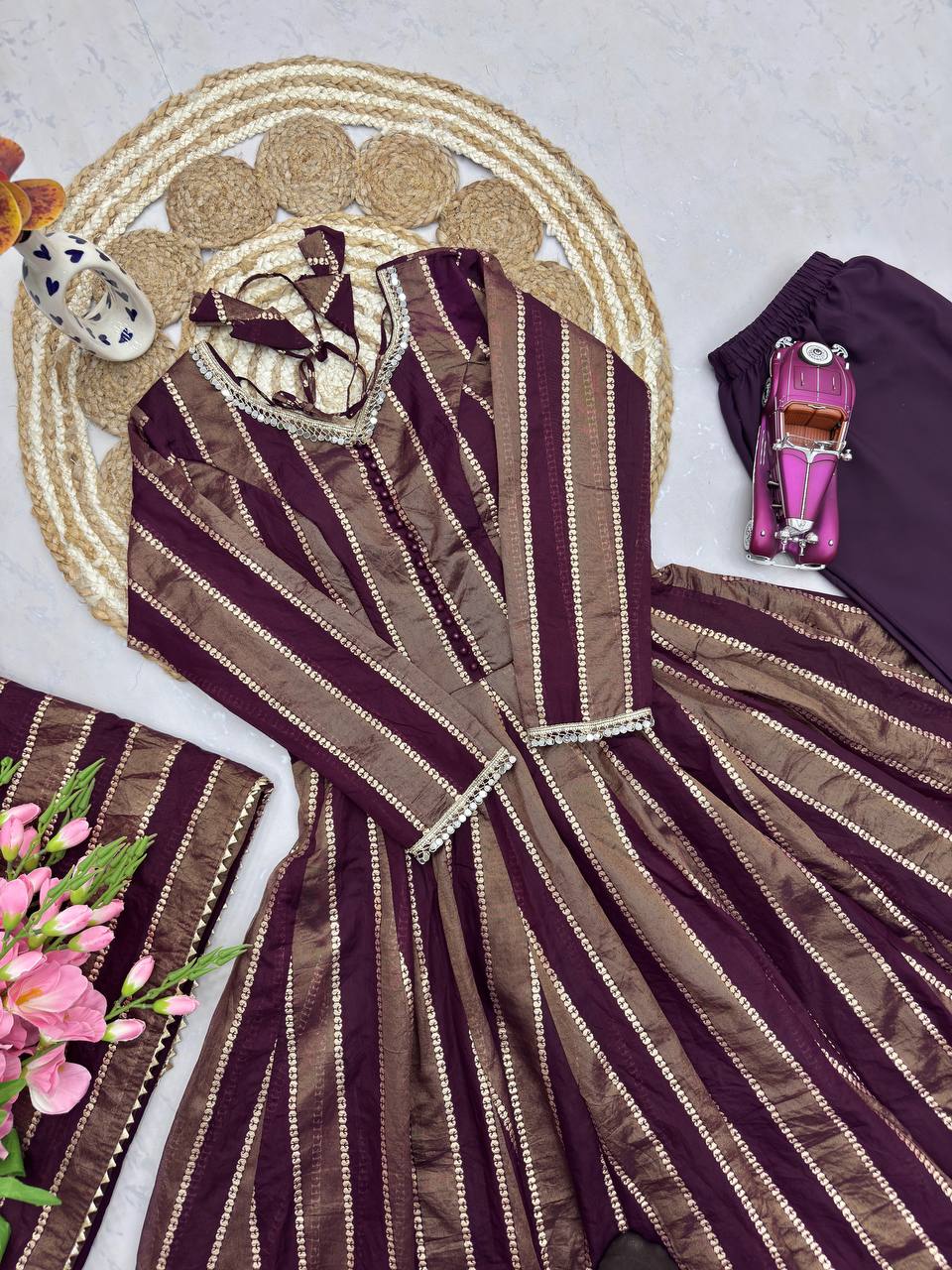 Royal Mirror Lace Viscose Jacquard Anarkali Gown Set with Matching Dupatta