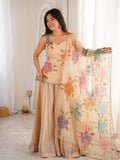 Aashvi Noor Tibby Organza Silk Brush Print Sequence Embroidered Palazzo Suit Set with Dupatta