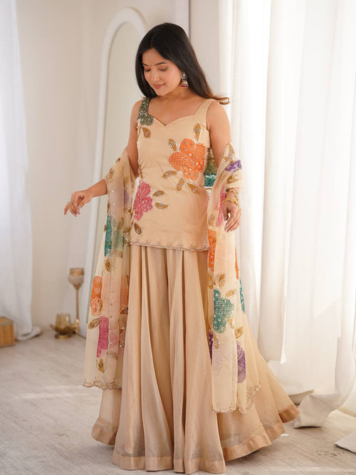 Aashvi Noor Tibby Organza Silk Brush Print Sequence Embroidered Palazzo Suit Set with Dupatta